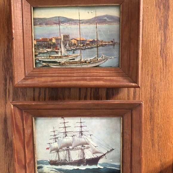 4 Vintage lithography prints lake boats ships vintage wood frame wall decors - Picture 2 of 8